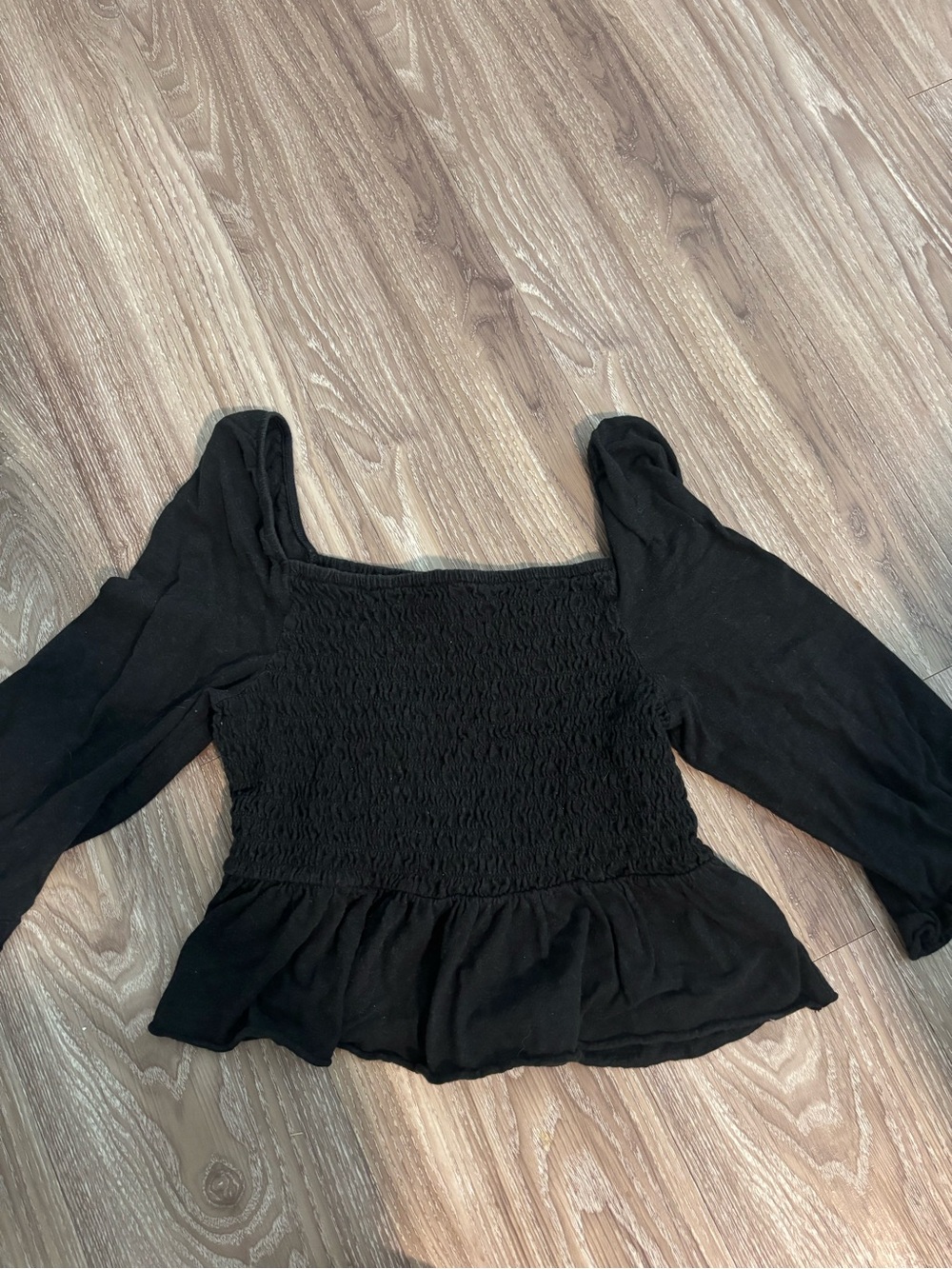 Square Neck Black Smocked Peplum Long-Sleeve Top -
